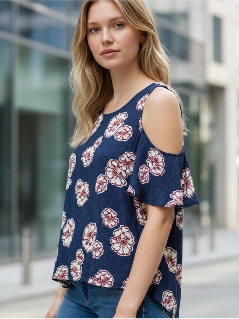 Elodie M- Cold-Shoulder Floral Top in Navy